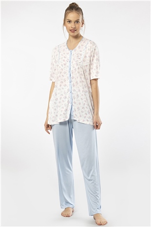 Türen 3370 Mavi Kadın Empirme Düğmeli Battal Kısa Kollu Pijama Takım