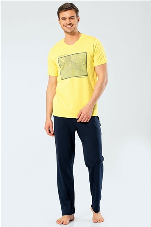 Türen 4133 Sarı Erkek Baskılı V Yaka Pantolon Pijama Takım