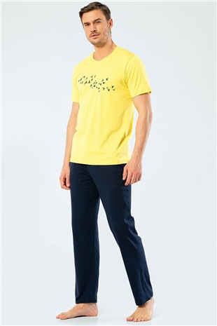 Türen 4135 Sarı Erkek Baskılı V Yaka Pantolon Pijama Takım