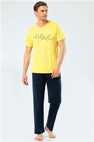 Türen 4135 Sarı Erkek Baskılı V Yaka Pantolon Pijama Takım