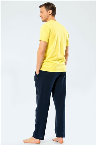 Türen 4135 Sarı Erkek Baskılı V Yaka Pantolon Pijama Takım