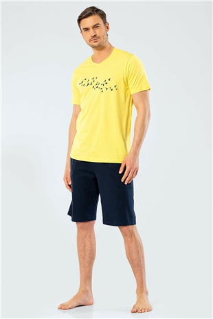 Türen 4136 Sarı Erkek Baskılı V Yaka Bermuda Şort Pijama Takım