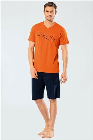 Türen 4136 Turuncu Erkek Baskılı V Yaka Bermuda Şort Pijama Takım