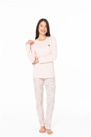 U.S. Polo Assn. 20161 Kadın Somon Yuvarlak Yaka Uzun Kollu Pijama Takımı