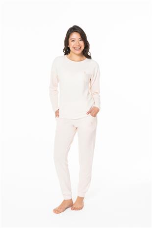 U.S. Polo Assn. 20129 Kadın Pembe Melanj Yuvarlak Yaka Uzun Kollu Pijama Takımı