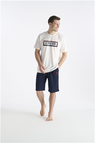U.S. Polo Assn. 19006 Erkek Ekru Kısa Kollu Yuvarlak Yaka Şort Takımı