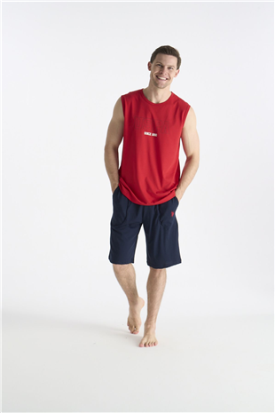 U.S. Polo Assn. 19010 Erkek Kırmızı Sıfır Kollu Yuvarlak Yaka Şort Takımı