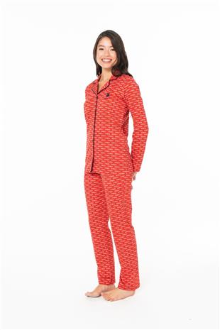 U.S. Polo Assn. 20144 Kadın Kırmızı V Yaka Uzun Kollu Çizgili Pijama Takımı