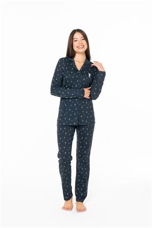 U.S. Polo Assn. 20173 Kadın Lacıvert V Yaka Uzun Kollu Pijama Takımı