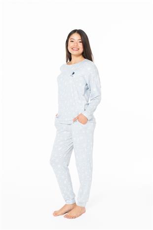 U.S. Polo Assn. 20152 Kadın Mavı Yuvarlak Yaka Uzun Kollu Pijama Takımı