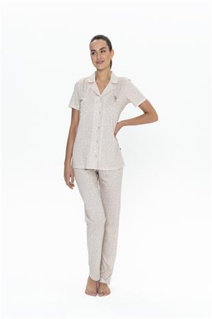 U.S. Polo Assn. 20051 Kadın Bej Kısa Kollu Boydan Patlı Pijama Takımı