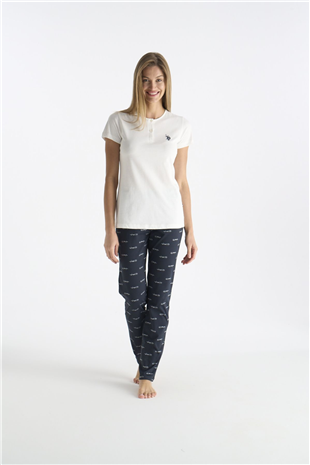 U.S. Polo Assn. 20214 Kadın Ekru Kısa Kollu Yarım Patlı Pijama Takımı