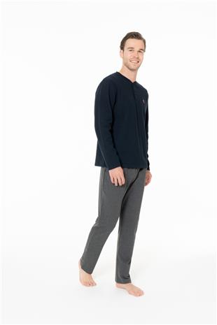 U.S. Polo Assn. 18966 Erkek Lacıvert Yuvarlak Yaka Patlı Uzun Kollu Pijama Takımı