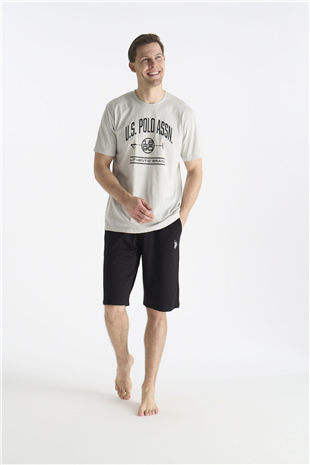 U.S. Polo Assn. 19018 Erkek Grı Kısa Kollu Yuvarlak Yaka Şort Takımı