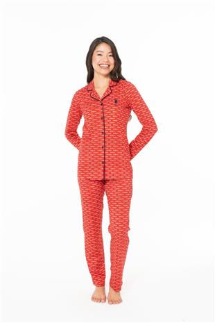 U.S. Polo Assn. 20144 Kadın Kırmızı V Yaka Uzun Kollu Çizgili Pijama Takımı