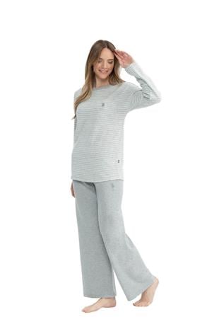 U.S. Polo Assn. 17083 Kadın Gri Melanj Uzun Kollu Yuvarlak Yaka Pijama Takım