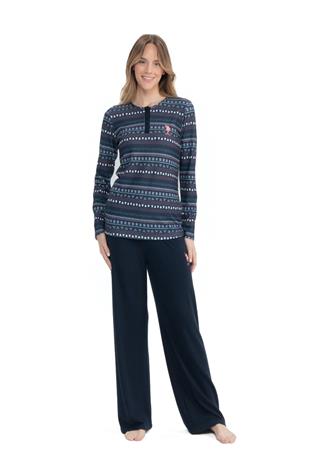 U.S. Polo Assn. 17113 Kadın Lacivert Uzun Kollu Yuvarlak Yaka Patlı Pijama Takım