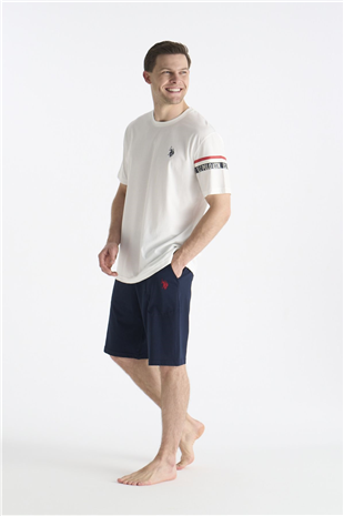 U.S. Polo Assn. 19001 Erkek Ekru Kısa Kollu Yuvarlak Yaka Şort Takımı
