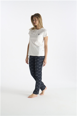 U.S. Polo Assn. 20214 Kadın Ekru Kısa Kollu Yarım Patlı Pijama Takımı