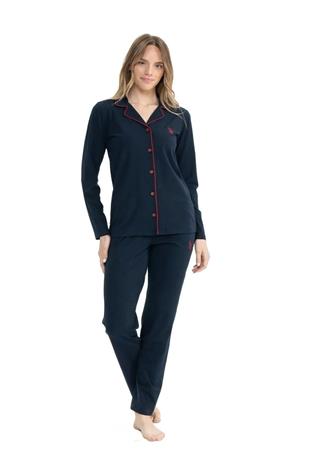 U.S. Polo Assn. 11000 Kadın Lacivert Uzun Kollu Önden Düğmeli Gömlek Pijama Takım