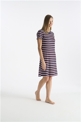 U.S. Polo Assn. 20209 Kadın Lacıvert Kısa Kollu Yuvarlak Yaka Çizgili Gecelik