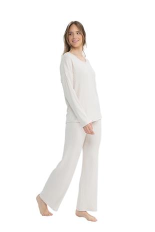 U.S. Polo Assn. 17090 Kadın Bej Uzun Kollu V Yaka Pijama Takım