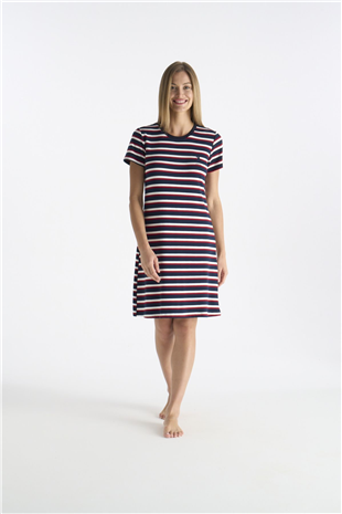 U.S. Polo Assn. 20209 Kadın Lacıvert Kısa Kollu Yuvarlak Yaka Çizgili Gecelik