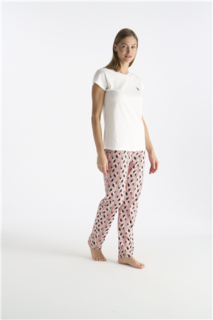 U.S. Polo Assn. 20248 Kadın Ekru Kısa Kollu Yuvarlak Yaka Pijama Takımı