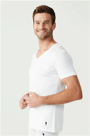 U.S. Polo Assn. 90001 Erkek Beyaz Pamuklu Battal Beden 2 Li V Yaka T-Shirt