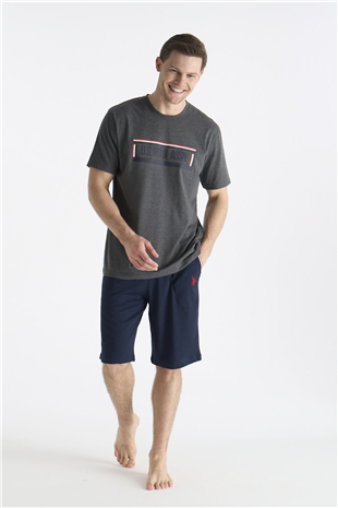 U.S. Polo Assn. 19006 Erkek Antrasıt Melanj Kısa Kollu Yuvarlak Yaka Şort Takımı