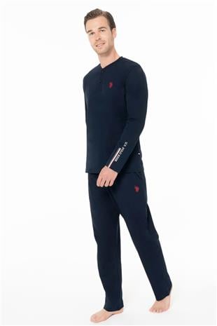 U.S. Polo Assn. 18959B Erkek Lacıvert Yuvarlak Yaka Patlı Uzun Kollu Pijama Takımı