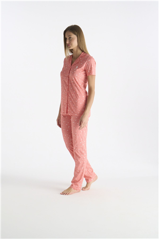 U.S. Polo Assn. 20233 Kadın Somon Kısa Kollu Gömlek Yaka Önden Düğmeli Pijama Takımı
