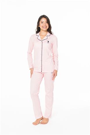 U.S. Polo Assn. 20138 Kadın Pembe V Yaka Uzun Kollu Çizgili Pijama Takımı
