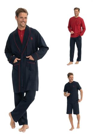 U.S. Polo Assn. 12040 Erkek Lacivert Sabahlık Pijama 5 Li Şort Takım