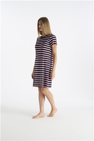 U.S. Polo Assn. 20209 Kadın Lacıvert Kısa Kollu Yuvarlak Yaka Çizgili Gecelik