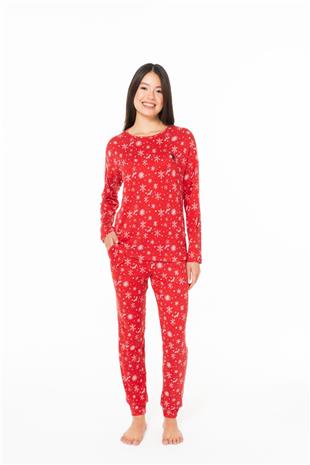 U.S. Polo Assn. 20152 Kadın Kırmızı Yuvarlak Yaka Uzun Kollu Pijama Takımı