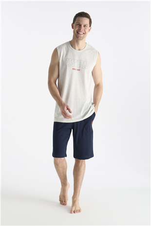 U.S. Polo Assn. 19010 Erkek Kar Melanj Sıfır Kollu Yuvarlak Yaka Şort Takımı