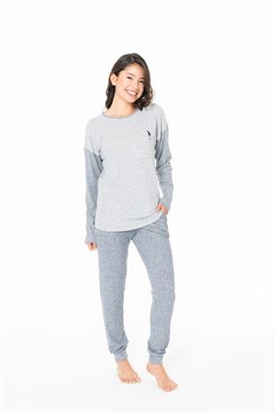 U.S. Polo Assn. 20129 Kadın Lacıvert Melanj Yuvarlak Yaka Uzun Kollu Pijama Takımı