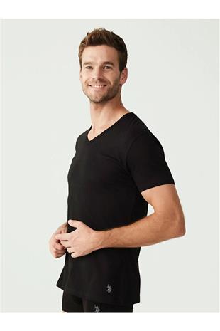 U.S. Polo Assn. 90001 Erkek Siyah Pamuklu Battal Beden 2 Li V Yaka T-Shirt