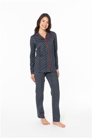 U.S. Polo Assn. 20144 Kadın Lacıvert V Yaka Uzun Kollu Çizgili Pijama Takımı