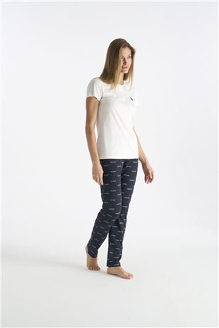U.S. Polo Assn. 20214 Kadın Ekru Kısa Kollu Yarım Patlı Pijama Takımı