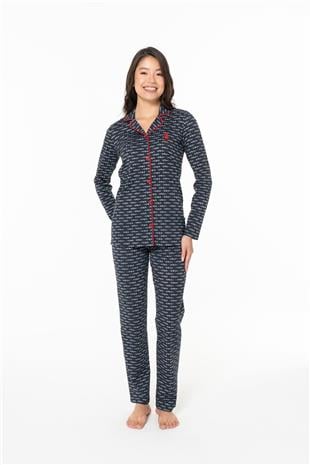 U.S. Polo Assn. 20144 Kadın Lacıvert V Yaka Uzun Kollu Çizgili Pijama Takımı