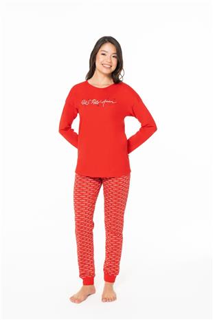 U.S. Polo Assn. 20147 Kadın Kırmızı Yuvarlak Yaka Uzun Kollu Pijama Takımı