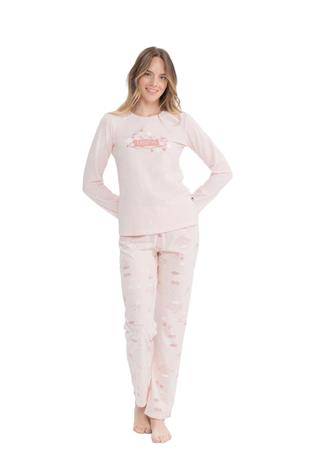 U.S. Polo Assn. 17122 Kadın Pembe Melanj Uzun Kollu Yuvarlak Yaka Pijama Takım