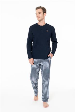 U.S. Polo Assn. 18987 Erkek Lacıvert Yuvarlak Yaka Patlı Uzun Kollu Pijama Takımı