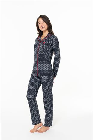 U.S. Polo Assn. 20144 Kadın Lacıvert V Yaka Uzun Kollu Çizgili Pijama Takımı