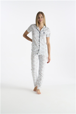 U.S. Polo Assn. 20237 Kadın Ekru Kısa Kollu Gömlek Yaka Önden Düğmeli Pijama Takımı