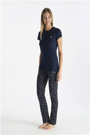 U.S. Polo Assn. 20231 Kadın Lacıvert Kısa Kollu Yarım Patlı Pijama Takımı