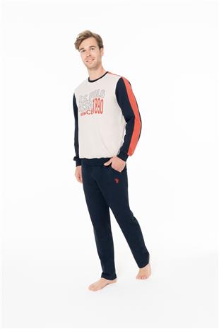 U.S. Polo Assn. 18939 Erkek Bej Yuvarlak Yaka Uzun Kollu Pijama Takımı