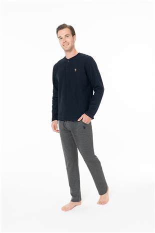 U.S. Polo Assn. 18966 Erkek Lacıvert Yuvarlak Yaka Patlı Uzun Kollu Pijama Takımı